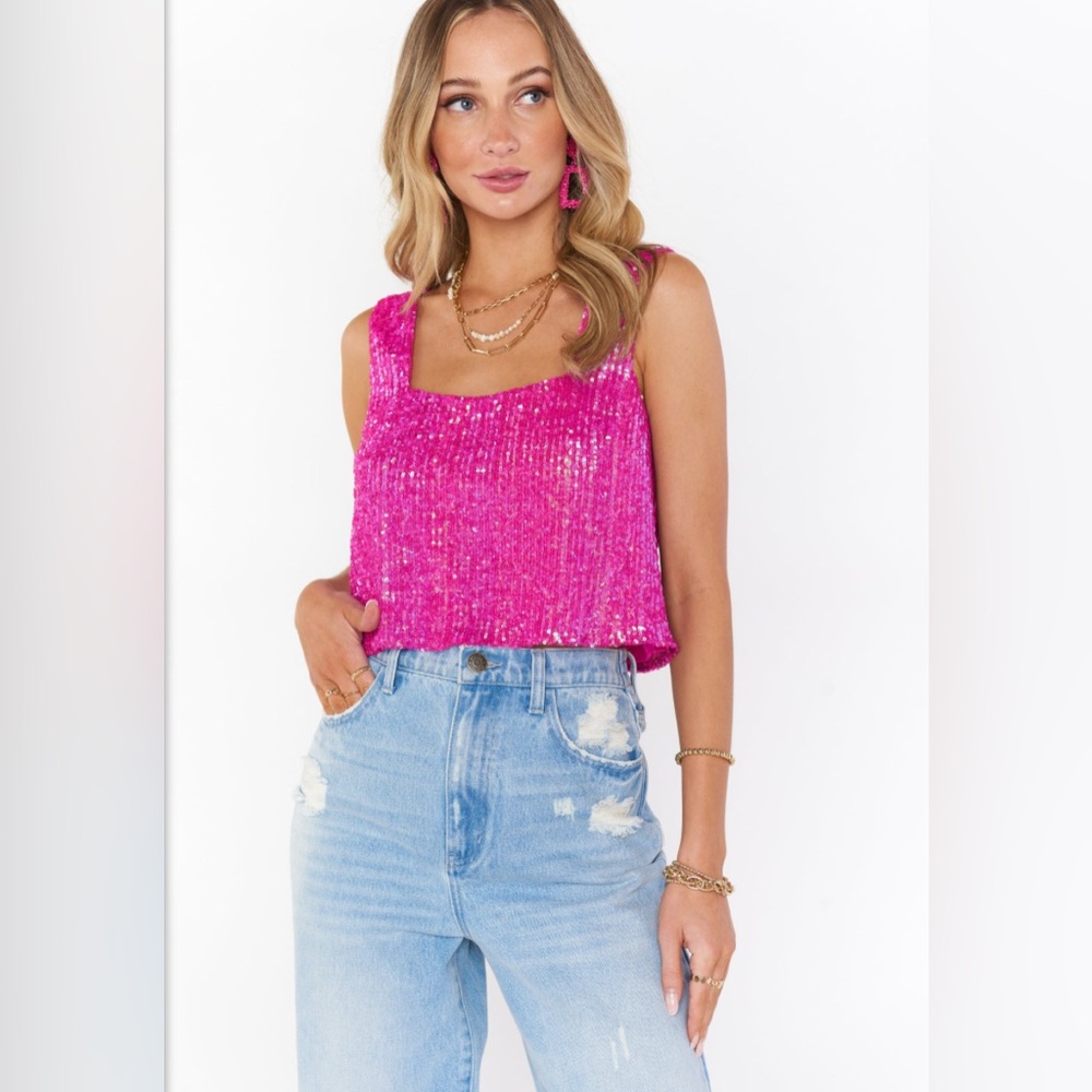 Show me your MUMU Tara Crop Top, Pink Disco Sequin | Size XL